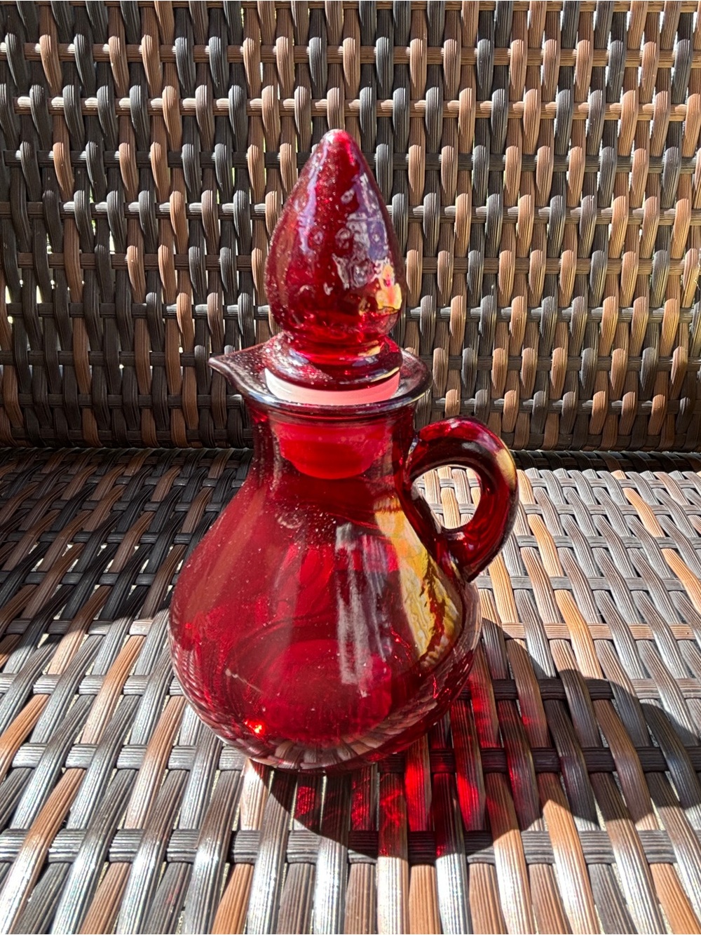 Avon Vintage Ruby Red Glass mini pitcher decanter with Strawberry Stopper